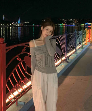 Asymmetrical Neck Tie Off-Shoulder Long Sleeve T-Shirt