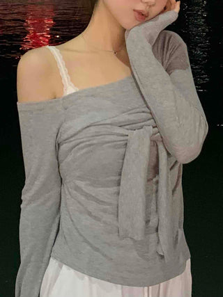 Asymmetrical Neck Tie Off-Shoulder Long Sleeve T-Shirt