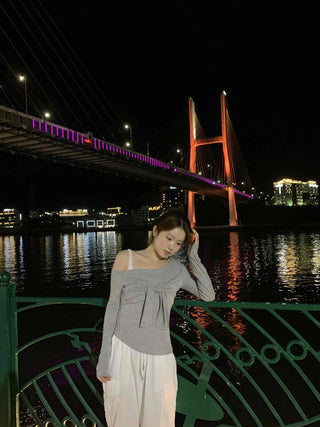 Asymmetrical Neck Tie Off-Shoulder Long Sleeve T-Shirt