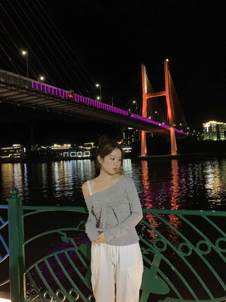 Asymmetrical Neck Tie Off-Shoulder Long Sleeve T-Shirt