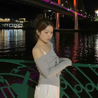 Asymmetrical Neck Tie Off-Shoulder Long Sleeve T-Shirt