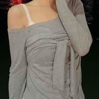 Asymmetrical Neck Tie Off-Shoulder Long Sleeve T-Shirt