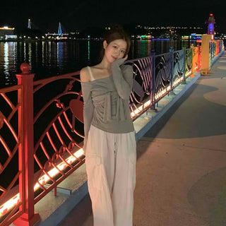 Asymmetrical Neck Tie Off-Shoulder Long Sleeve T-Shirt