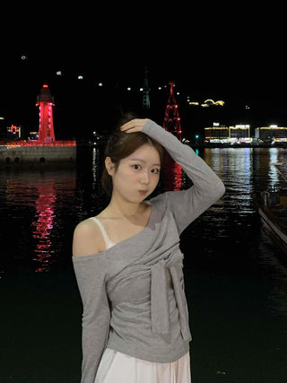Asymmetrical Neck Tie Off-Shoulder Long Sleeve T-Shirt