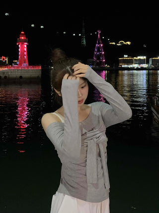 Asymmetrical Neck Tie Off-Shoulder Long Sleeve T-Shirt
