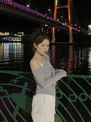 Asymmetrical Neck Tie Off-Shoulder Long Sleeve T-Shirt