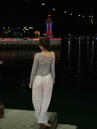 Asymmetrical Neck Tie Off-Shoulder Long Sleeve T-Shirt