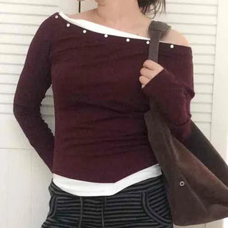 Street Studded Off-Shoulder Long-Sleeve T-Shirt