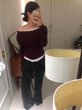Street Studded Off-Shoulder Long-Sleeve T-Shirt