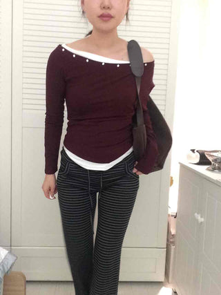 Street Studded Off-Shoulder Long-Sleeve T-Shirt