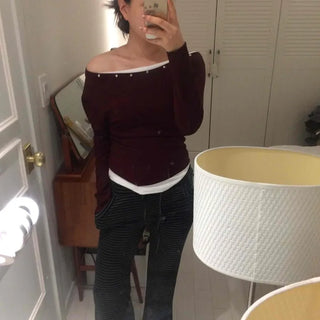 Street Studded Off-Shoulder Long-Sleeve T-Shirt