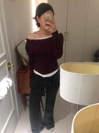 Street Studded Off-Shoulder Long-Sleeve T-Shirt