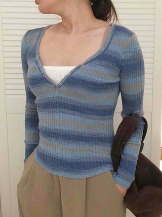 Newtro Striped Button Long Sleeve T-shirt