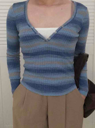 Newtro Striped Button Long Sleeve T-shirt