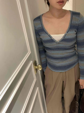 Newtro Striped Button Long Sleeve T-shirt