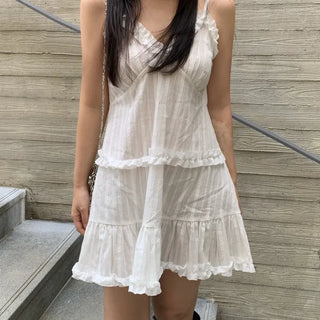 Soft Feminine Frill Cotton Pleated Mini Dress