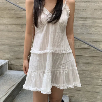 Soft Feminine Frill Cotton Pleated Mini Dress