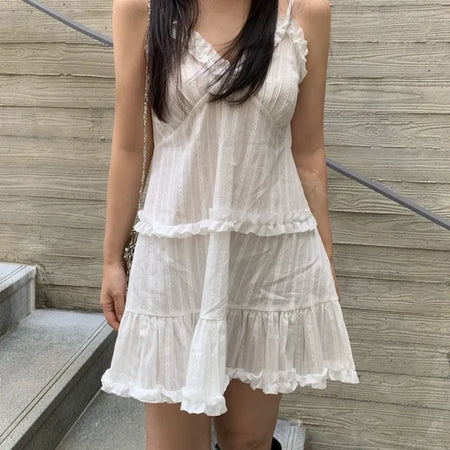 Soft Feminine Frill Cotton Pleated Mini Dress