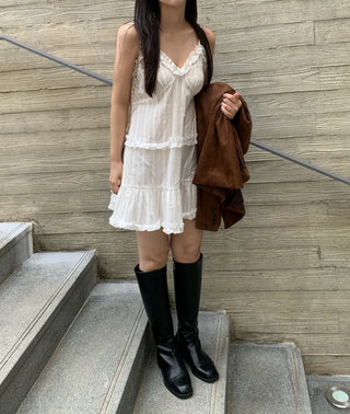Soft Feminine Frill Cotton Pleated Mini Dress