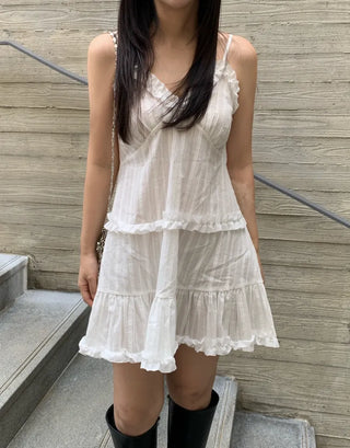 Soft Feminine Frill Cotton Pleated Mini Dress