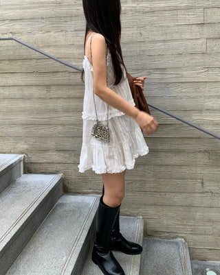 Soft Feminine Frill Cotton Pleated Mini Dress