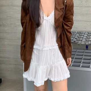 Soft Feminine Frill Cotton Pleated Mini Dress