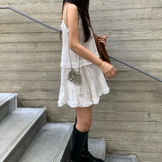 Soft Feminine Frill Cotton Pleated Mini Dress