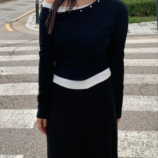 Natural Studded Off-Shoulder Long-Sleeve T-Shirt