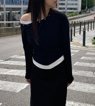 Natural Studded Off-Shoulder Long-Sleeve T-Shirt