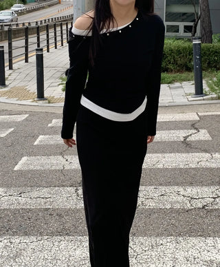 Natural Studded Off-Shoulder Long-Sleeve T-Shirt