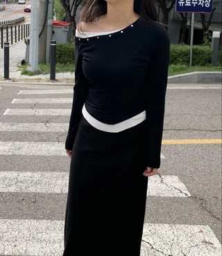 Natural Studded Off-Shoulder Long-Sleeve T-Shirt