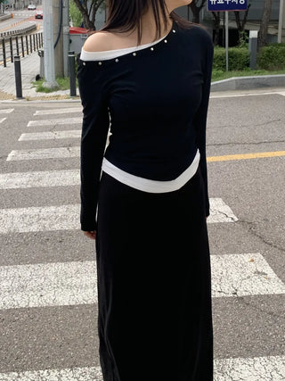 Natural Studded Off-Shoulder Long-Sleeve T-Shirt