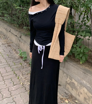 Natural Studded Off-Shoulder Long-Sleeve T-Shirt