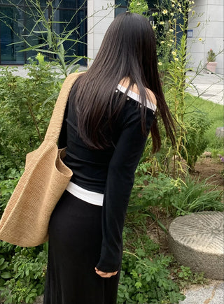 Natural Studded Off-Shoulder Long-Sleeve T-Shirt