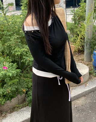 Natural Studded Off-Shoulder Long-Sleeve T-Shirt