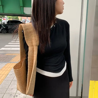 Natural Studded Off-Shoulder Long-Sleeve T-Shirt