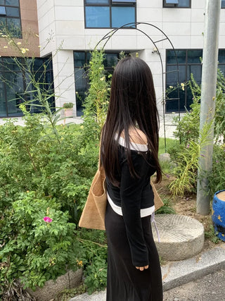 Natural Studded Off-Shoulder Long-Sleeve T-Shirt