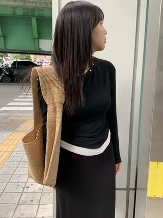 Natural Studded Off-Shoulder Long-Sleeve T-Shirt