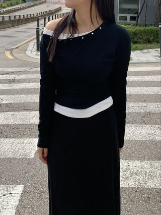 Natural Studded Off-Shoulder Long-Sleeve T-Shirt
