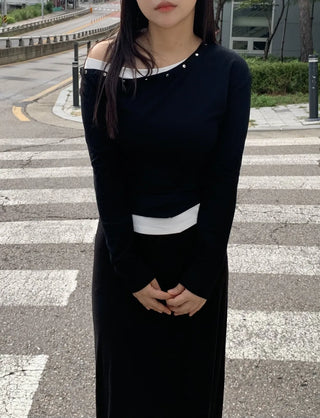 Natural Studded Off-Shoulder Long-Sleeve T-Shirt