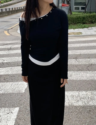 Natural Studded Off-Shoulder Long-Sleeve T-Shirt