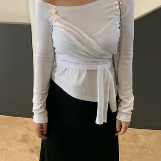 Soft Feminine Asymmetrical Off-Shoulder Long-Sleeve T-Shirt