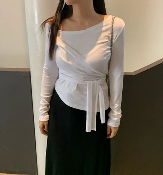 Soft Feminine Asymmetrical Off-Shoulder Long-Sleeve T-Shirt