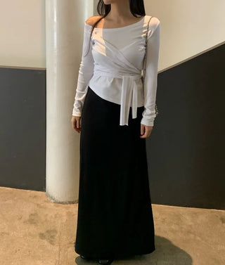 Soft Feminine Asymmetrical Off-Shoulder Long-Sleeve T-Shirt
