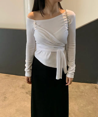 Soft Feminine Asymmetrical Off-Shoulder Long-Sleeve T-Shirt