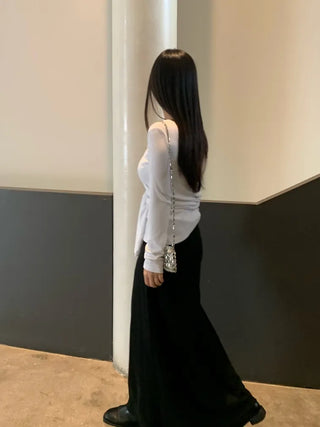 Soft Feminine Asymmetrical Off-Shoulder Long-Sleeve T-Shirt