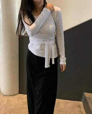 Soft Feminine Asymmetrical Off-Shoulder Long-Sleeve T-Shirt