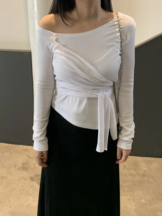 Soft Feminine Asymmetrical Off-Shoulder Long-Sleeve T-Shirt