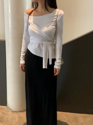 Soft Feminine Asymmetrical Off-Shoulder Long-Sleeve T-Shirt