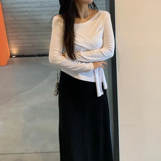 Soft Feminine Asymmetrical Off-Shoulder Long-Sleeve T-Shirt